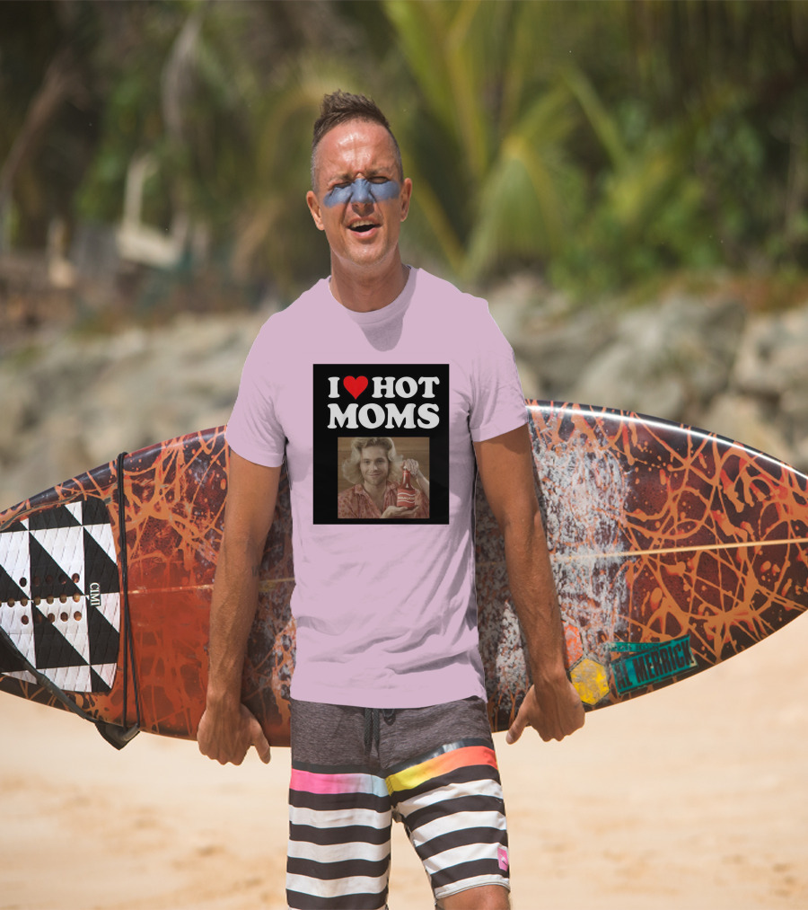 I Love Hot Moms Sauce Bottle Person Image Pink Background T-Shirt