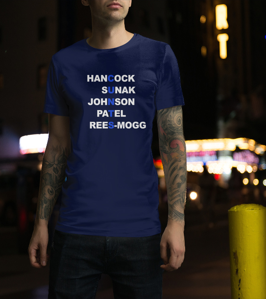 Hancock Sunak Johnson Patel Rees-Mogg Blue Letters Arrangement T-Shirt