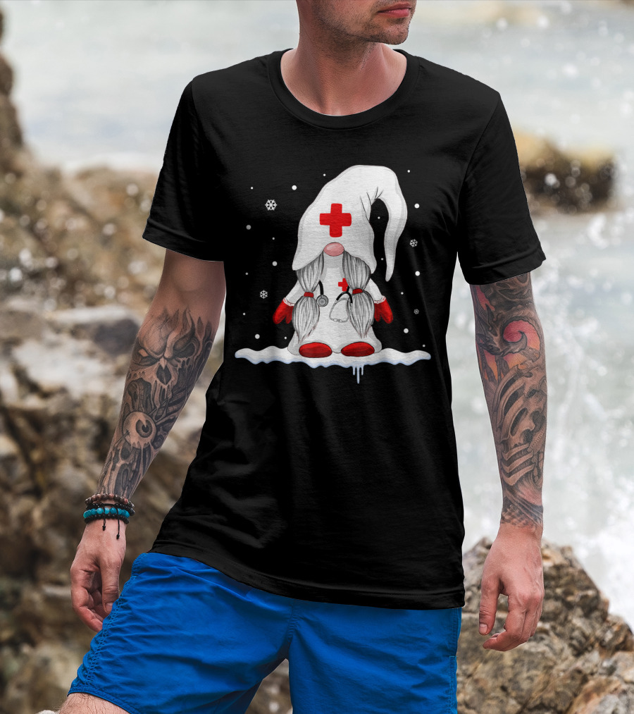 Gnome Nurse With Stethoscope And Red Cross Winter Scene T-Shirt