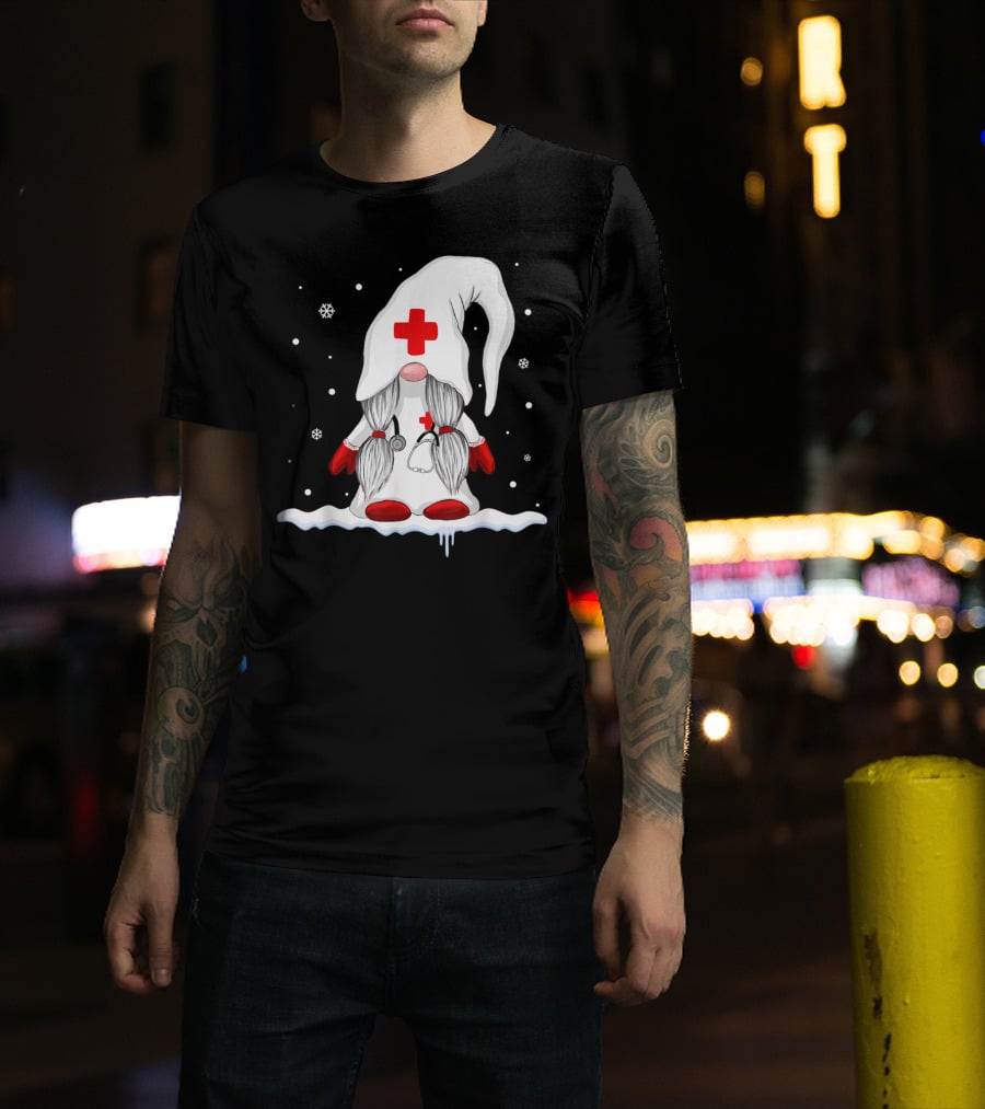 Gnome Nurse With Stethoscope And Red Cross Winter Scene T-Shirt