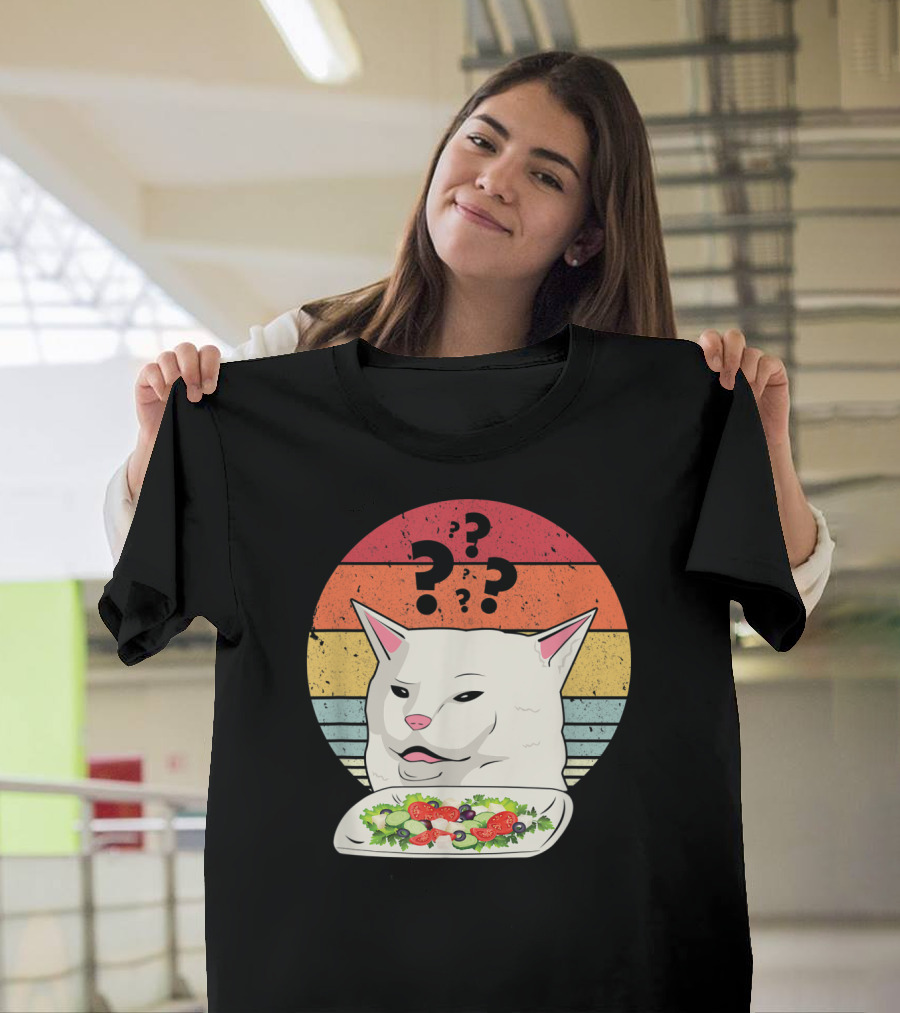 Cat Meme Confused Expression With Salad And Retro Color Stripes T-Shirt