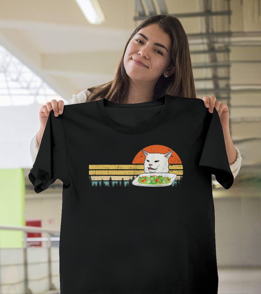 Yelling Cat Meme Retro Sunset Salad Plate Forest Scene T-Shirt