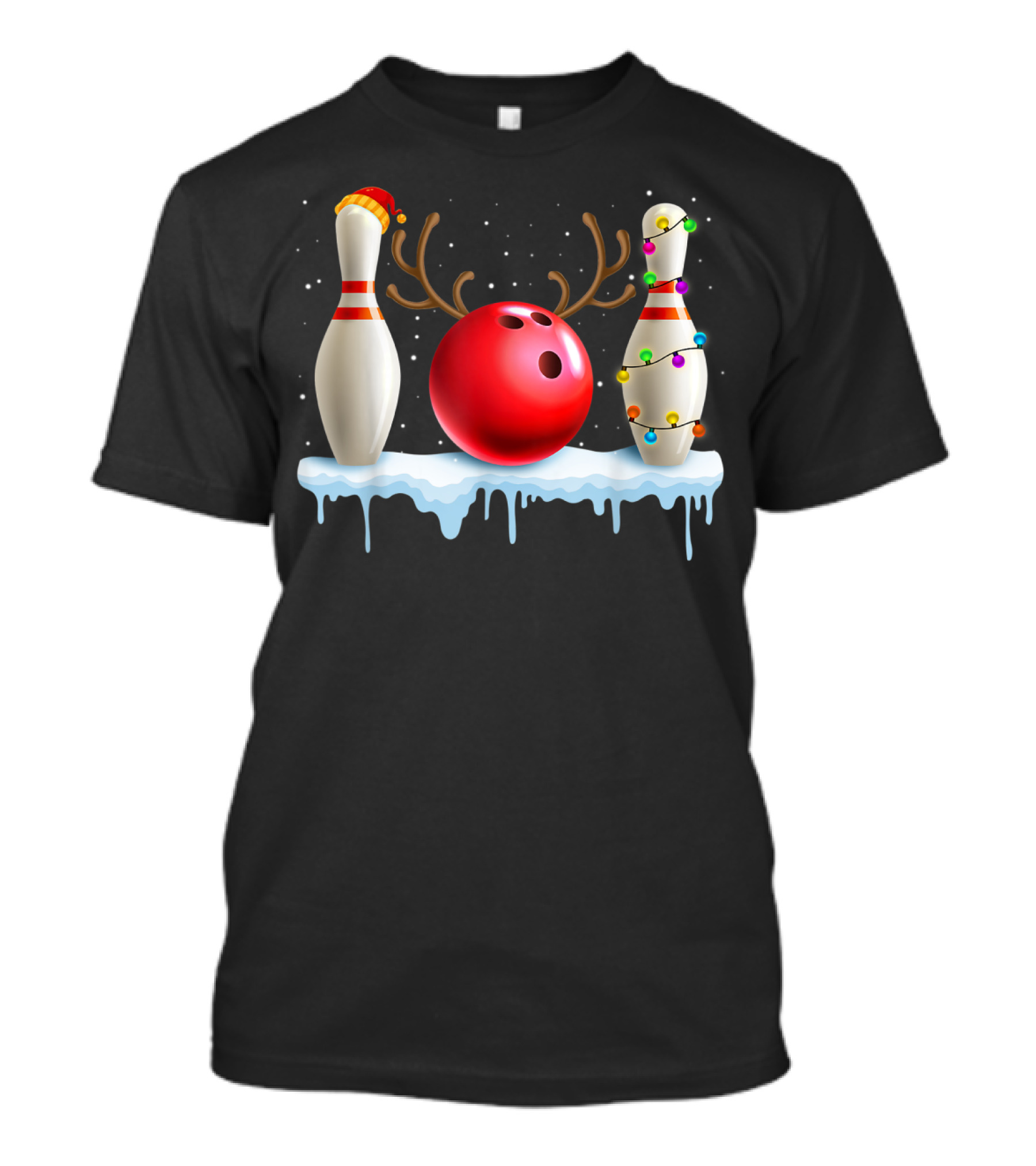 Christmas Santa Hat Reindeer Bowling Ball And Xmas Lights Bowling Pins Lover T-Shirt