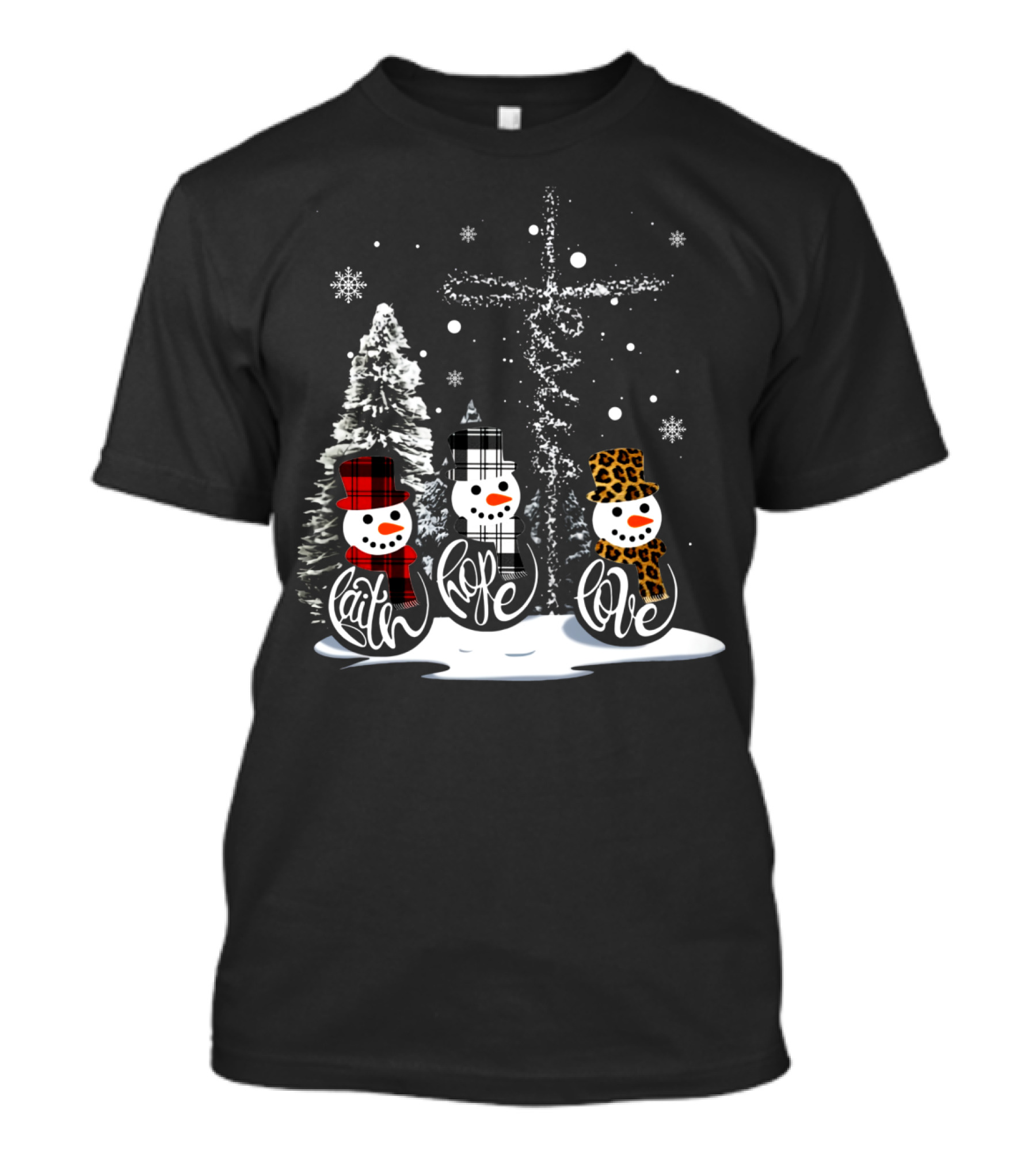 Faith Hope Love Snowmen Jesus Christmas Leopard Plaid T-Shirt