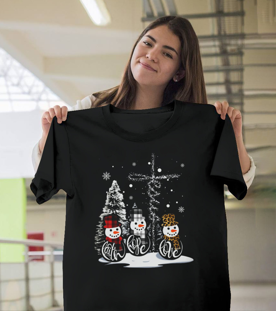 Faith Hope Love Snowmen Jesus Christmas Leopard Plaid T-Shirt