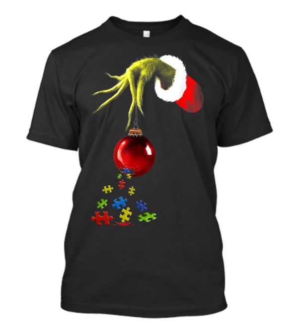 Grinch Hand Holding Red Ornament With Autism Puzzle Pieces T-Shirt