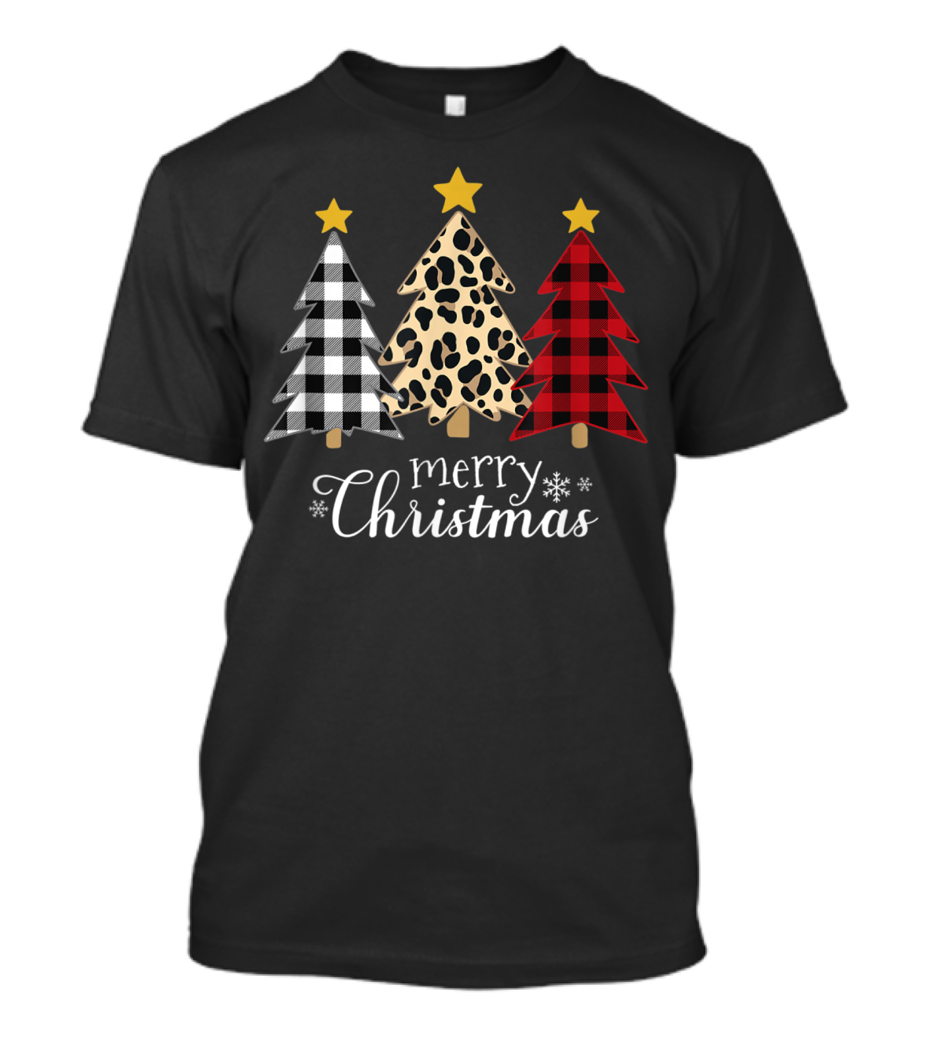 Merry Christmas Buffalo Plaid And Leopard Print Xmas Trees T-Shirt