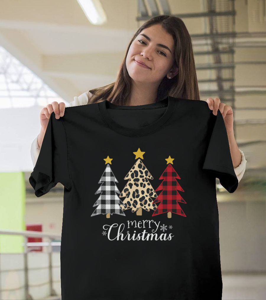Merry Christmas Buffalo Plaid And Leopard Print Xmas Trees T-Shirt