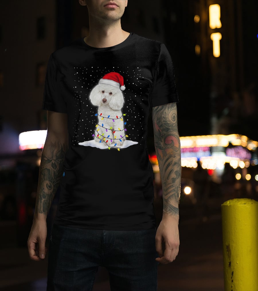 Poodle Santa Christmas Tree Decor With Colorful String Lights Snowfall T-Shirt