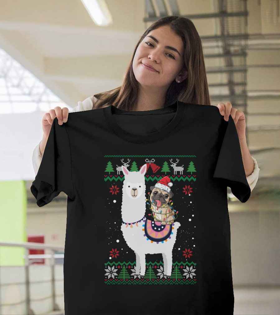 Christmas Pug Riding Llama with Santa Hat and Lights T-Shirt