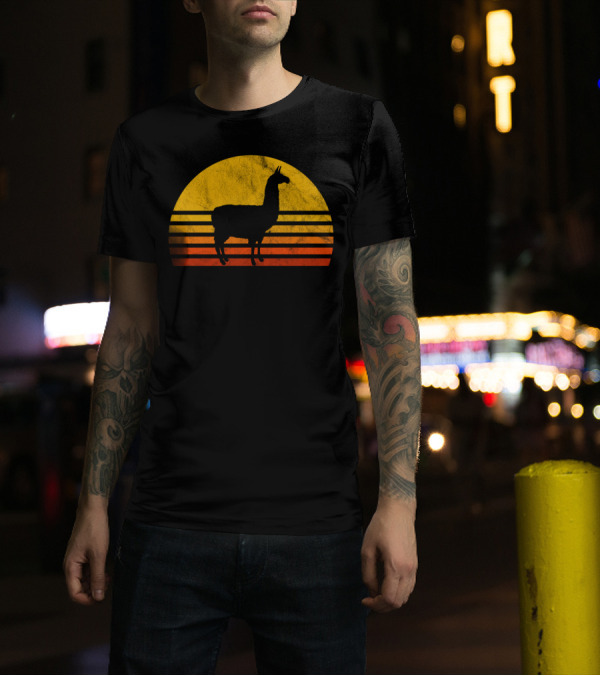 Retro Llama Silhouette Against Sunset Colors T-Shirt