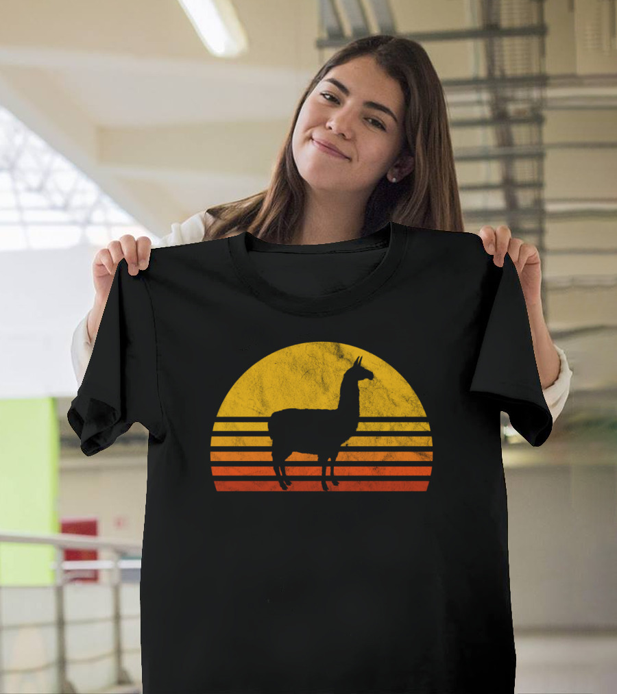 Retro Llama Silhouette Against Sunset Colors T-Shirt
