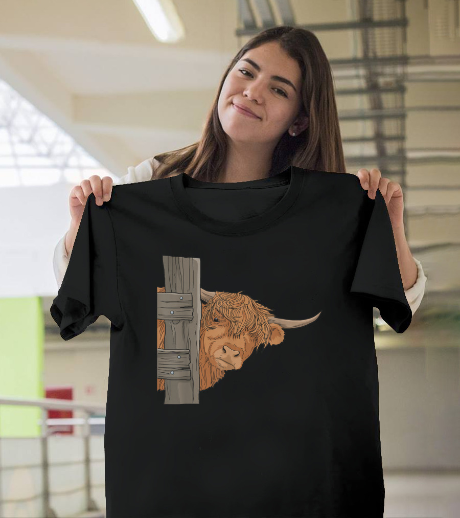 Scottish Highland Cow Spirit Animal Peeking Behind Wooden Fence T-Shirt
