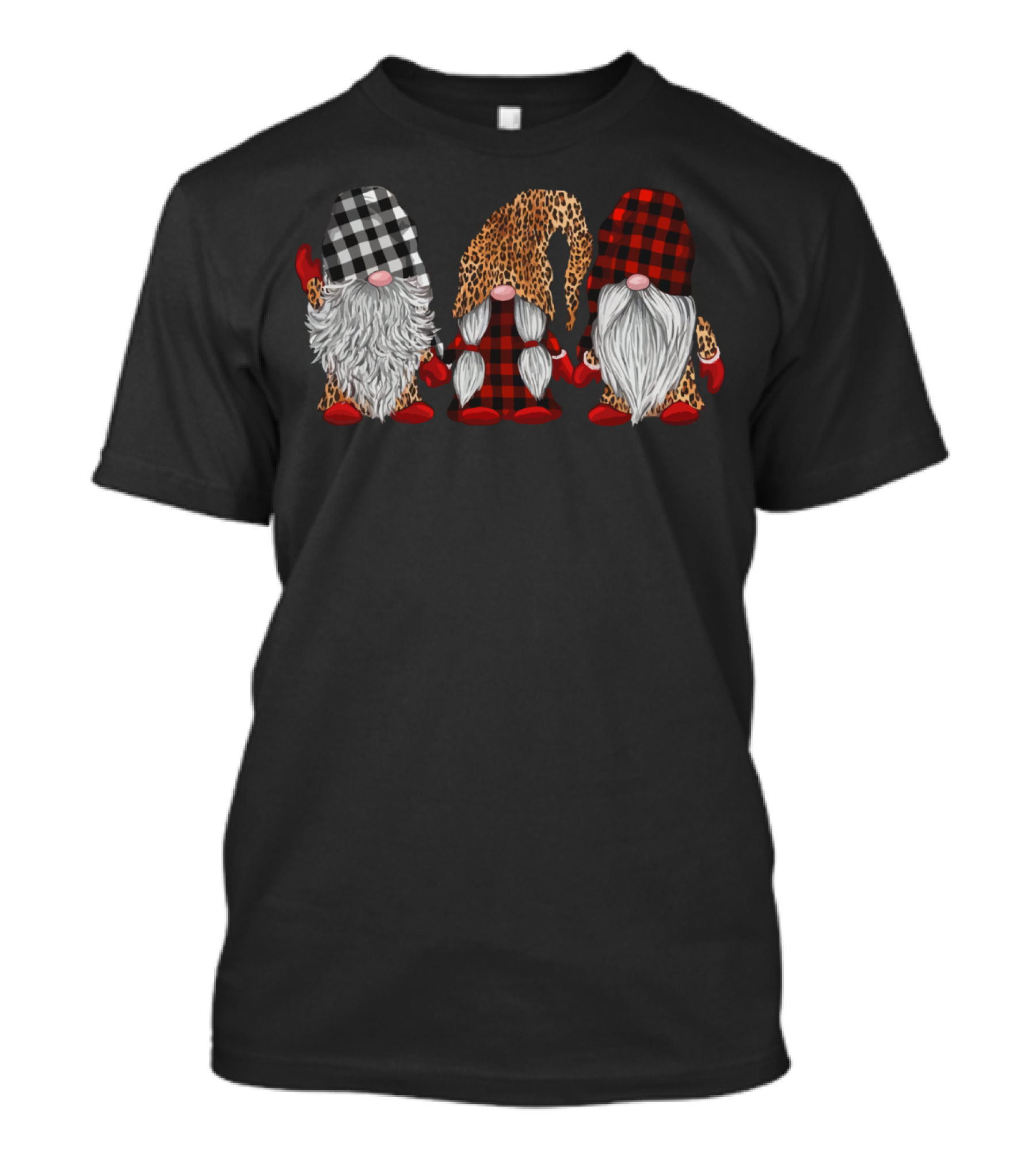 Three Gnomes In Black White Red Plaid And Leopard T-Shirt