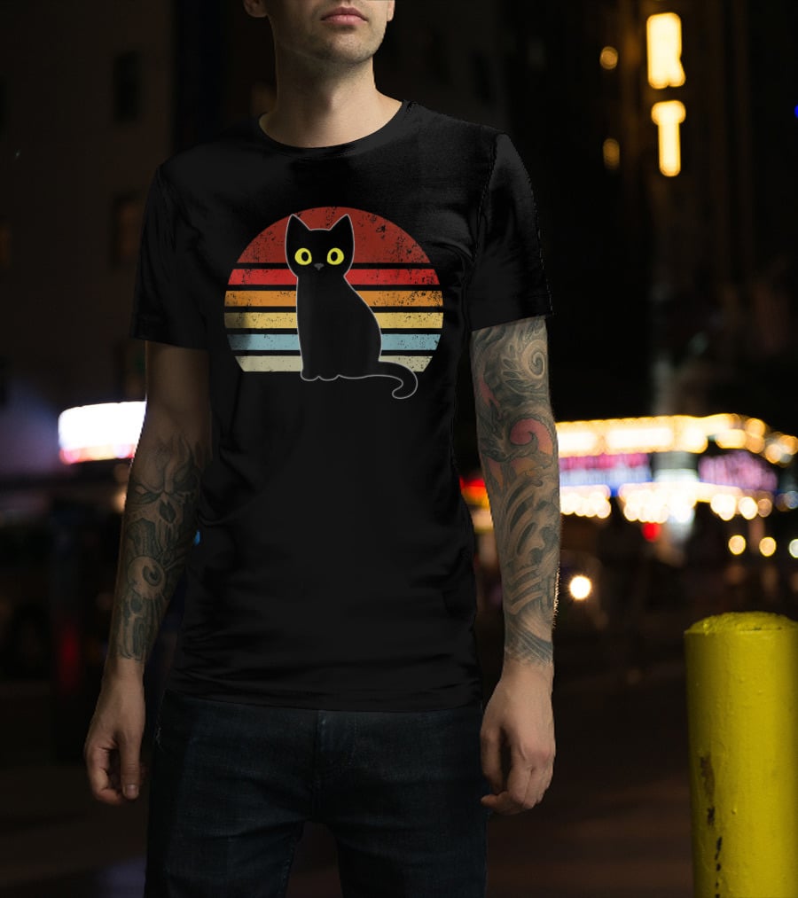Vintage Retro Stripes Black Cat Kitty Kitten T-Shirt