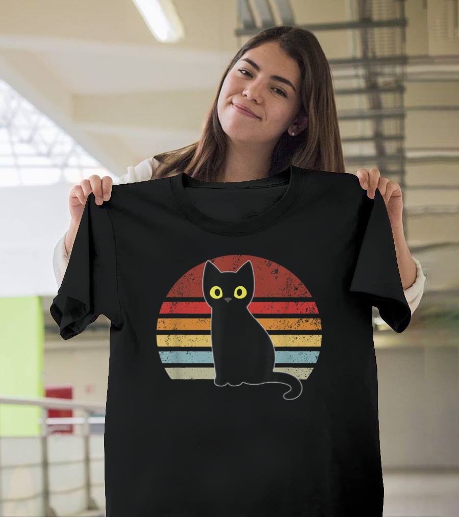 Vintage Retro Stripes Black Cat Kitty Kitten T-Shirt