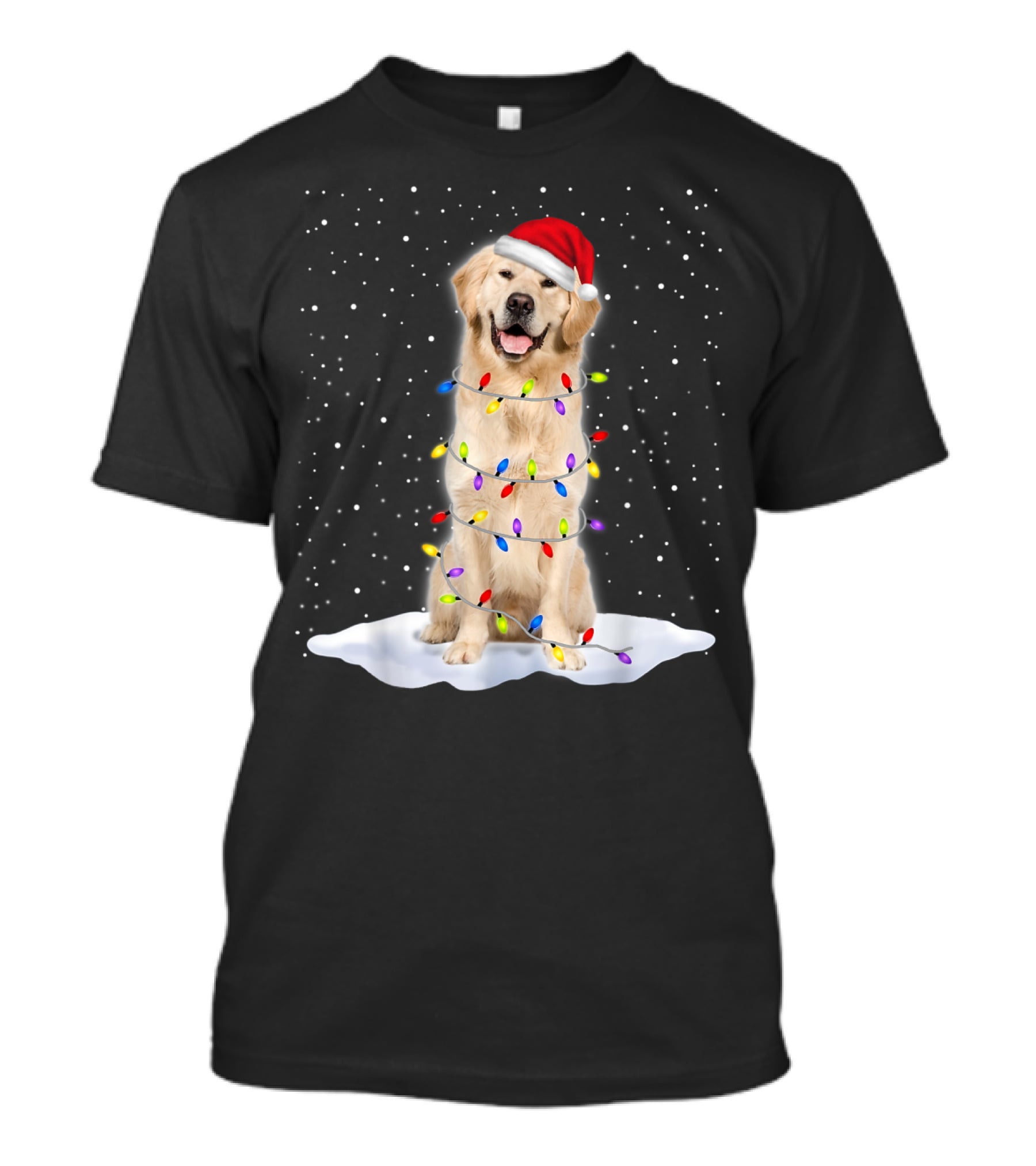 Golden Retriever With Santa Hat Wrapped In Colorful Christmas Tree Lights And Snowflakes T-Shirt
