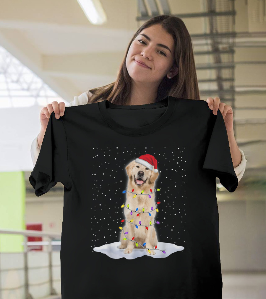 Golden Retriever with Santa Hat Wrapped in Colorful Christmas Tree Lights and Snowflakes T-Shirt