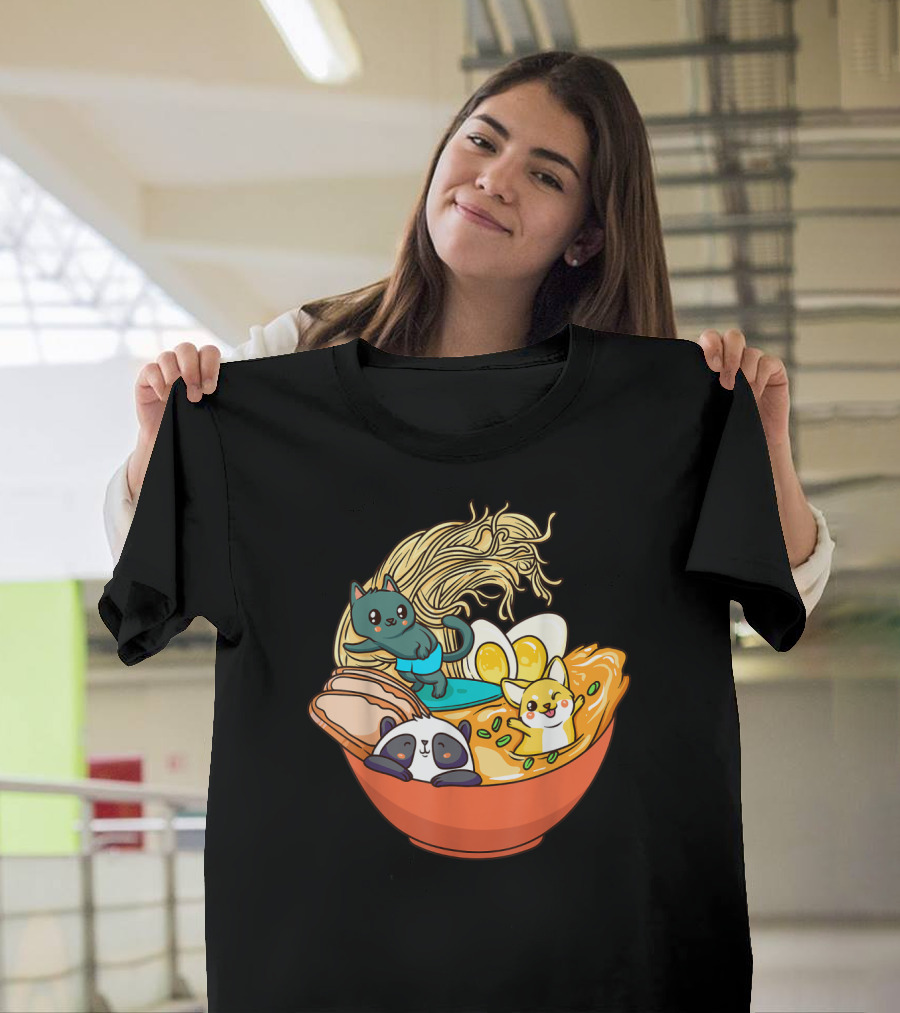 Kawaii Cat Panda Dog Anime Noodle Bowl With Egg And Ramen T-Shirt