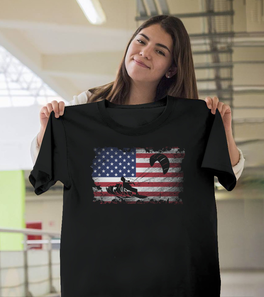 Kiteboarding With American Flag Proud USA Patriot T-Shirt