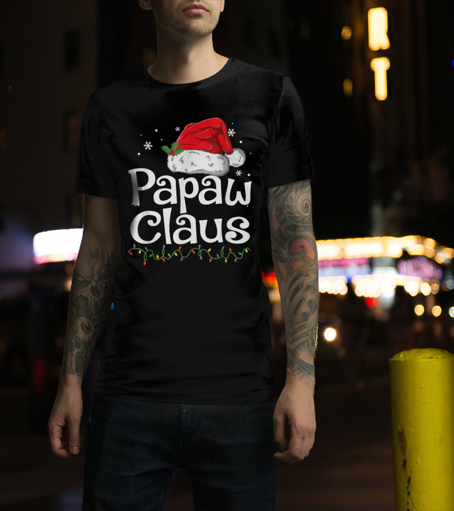 Papaw Claus Christmas Santa Hat With Snowflakes And Holiday Lights T-Shirt