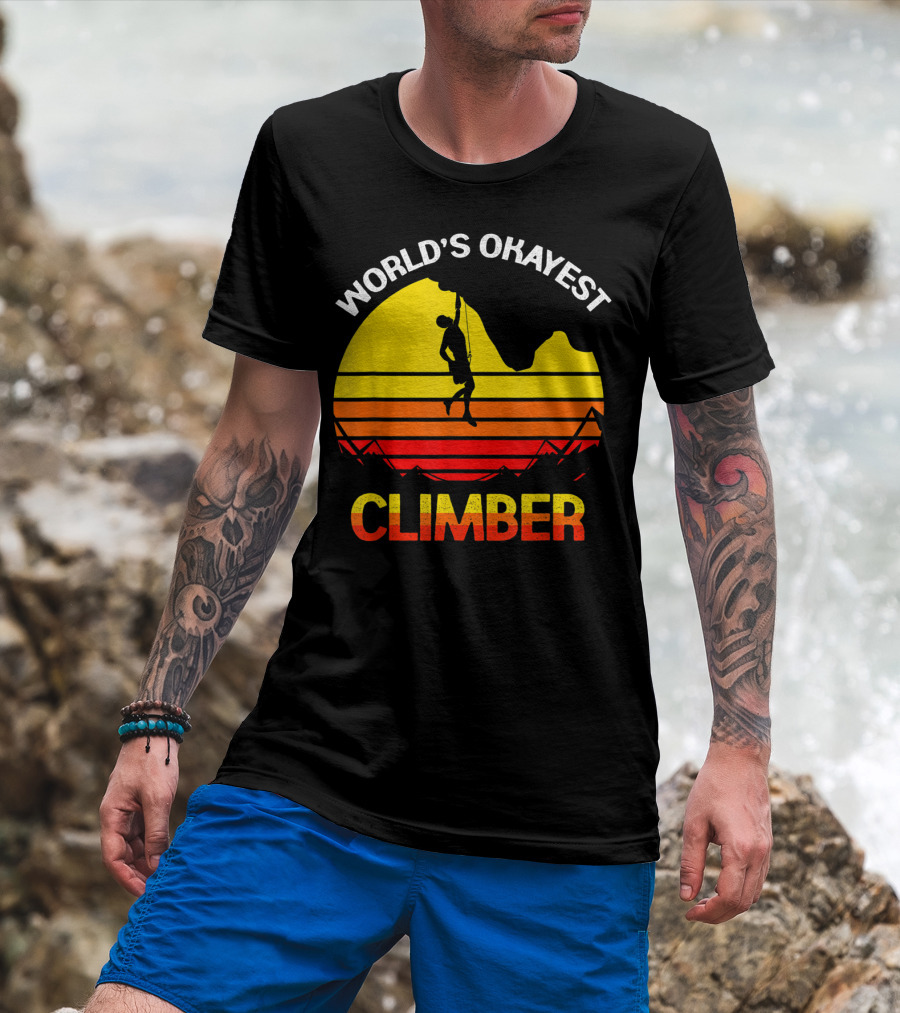 World's Okayest Climber Rock Climbing Sunset T-Shirt