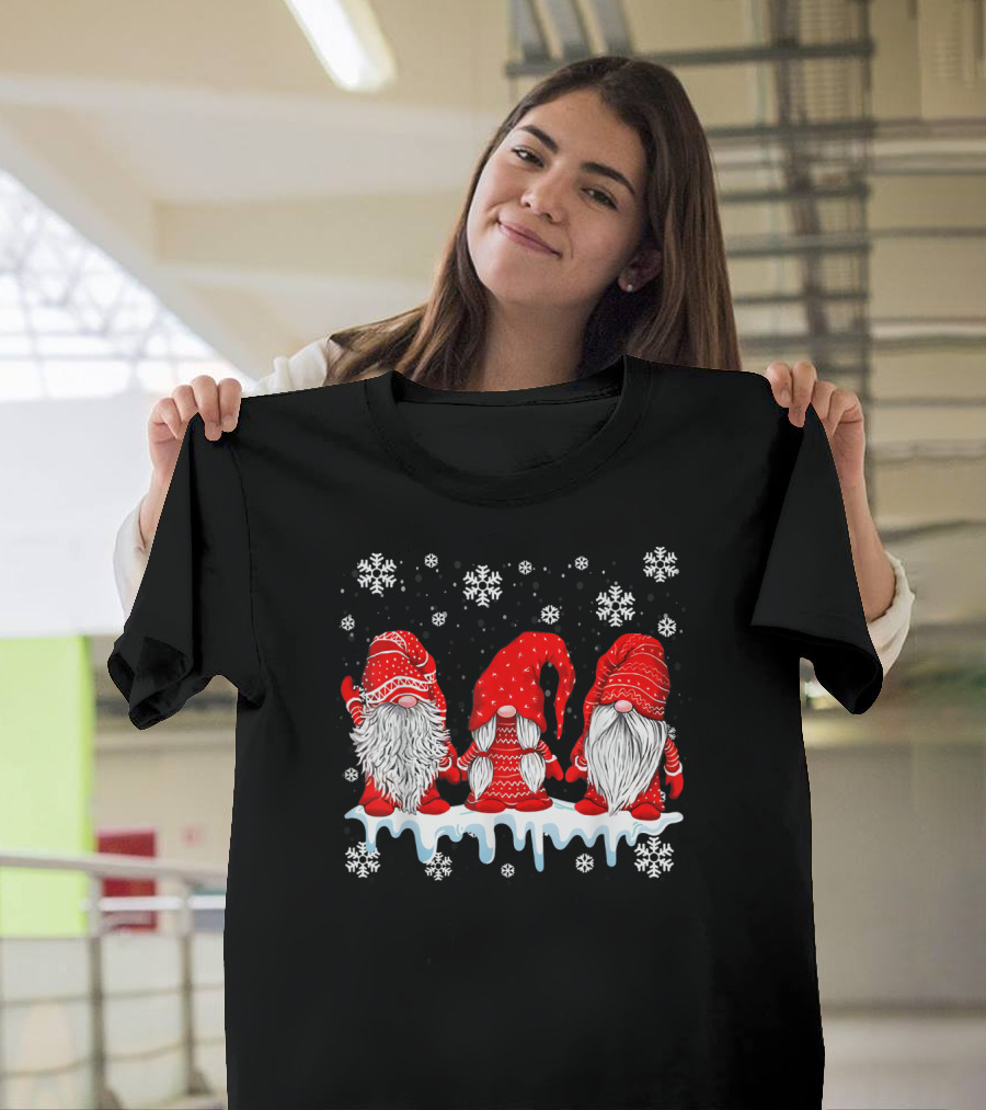 Three Festive Red Gnomes With Snowflakes T-Shirt