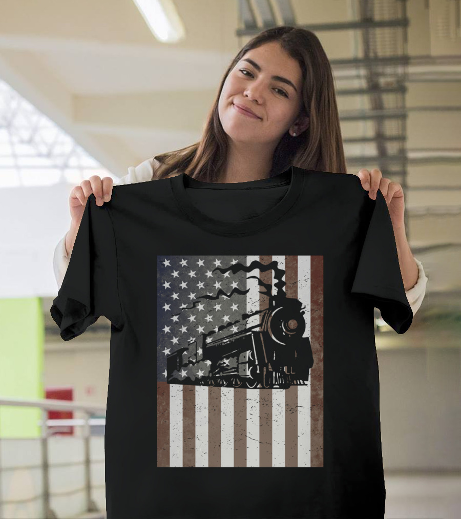 American Flag Steam Train Vintage Model Builder T-Shirt