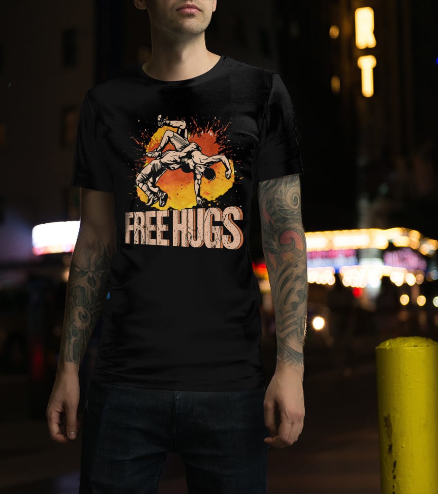 Free Hugs Wrestling Art With Splash Background T-Shirt