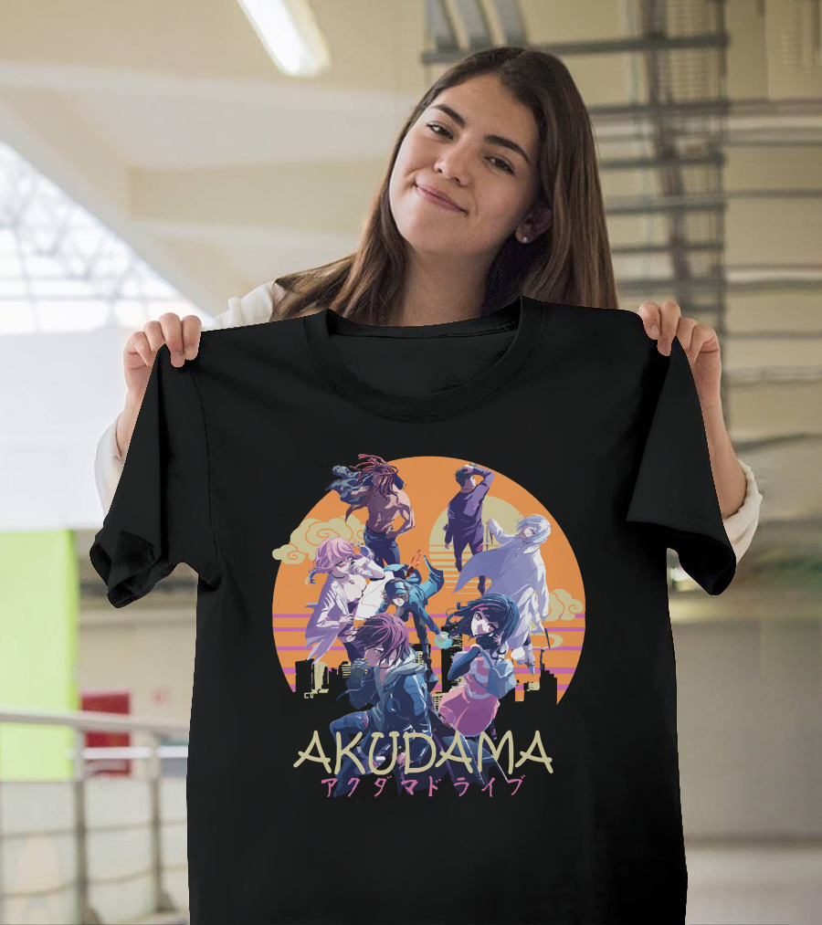 AKUDAMA アクダマドライブ Characters in Sunset City Skyline Scene T-Shirt