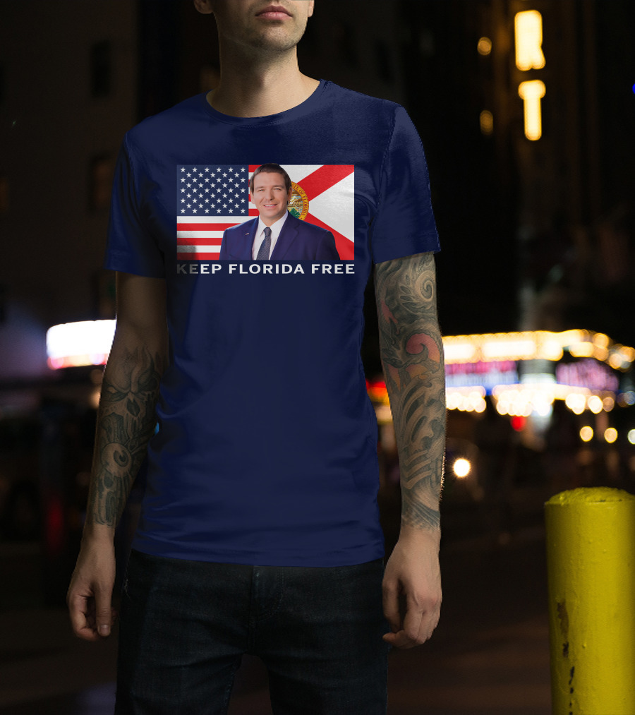 Keep Florida Free American Flag Portrait Navy Fine Jersey T-Shirt