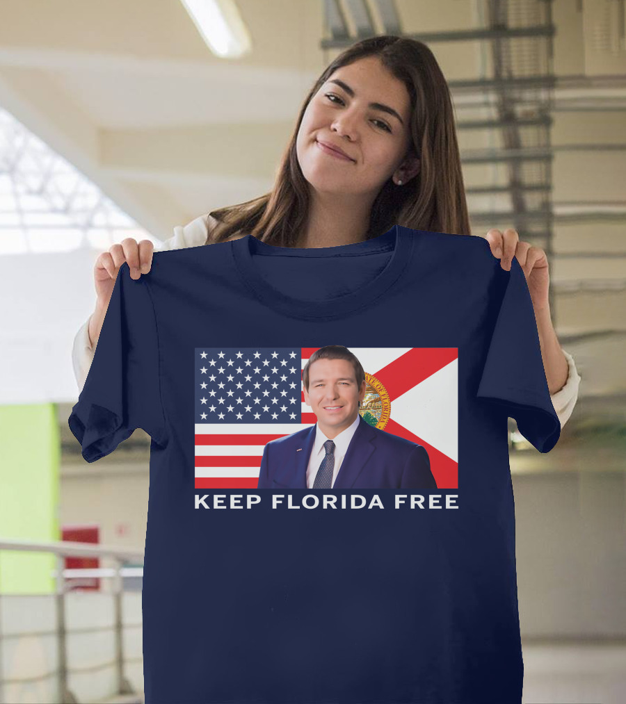 Keep Florida Free American Flag Portrait Navy Fine Jersey T-Shirt