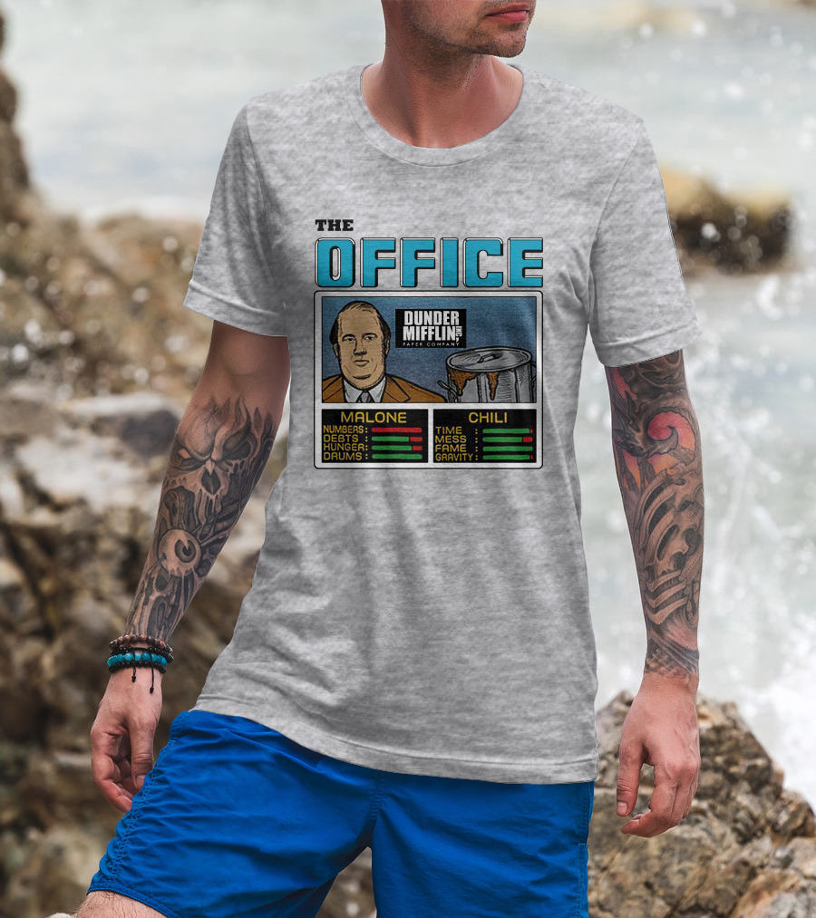 The Office Dunder Mifflin Kevin Malone Chili Numbers Debts Hunger Drums Time Mess Fame Gravity T-Shirt