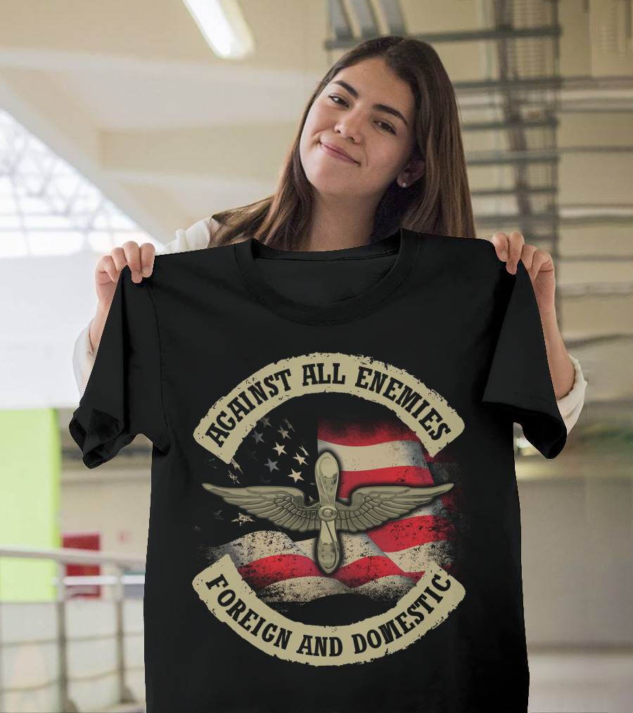 Against All Enemies Foreign And Domestic American Flag Winged Propeller T-Shirt
