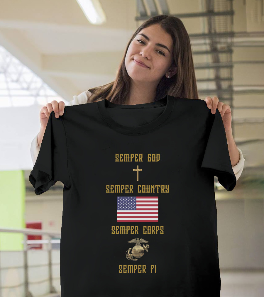 Semper God Country Corps Fi American Flag Eagle Globe Anchor Cross T-Shirt