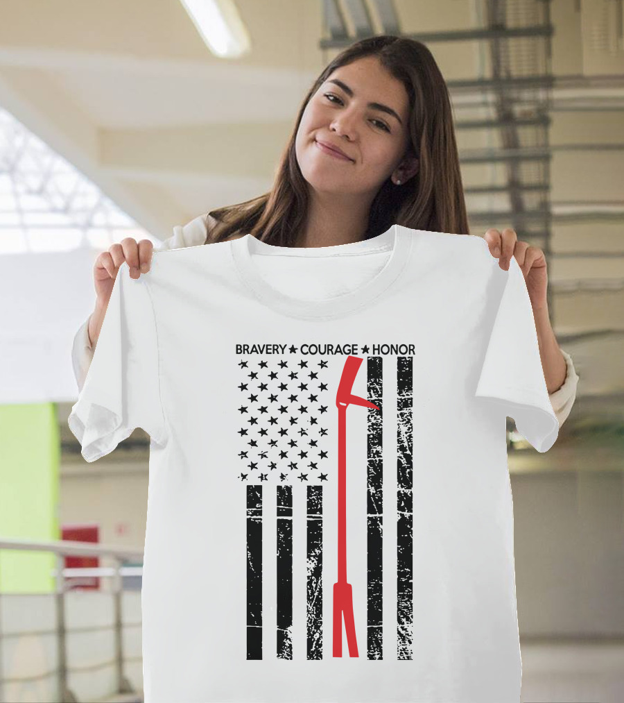 BRAVERY COURAGE HONOR Firefighter Flag With Red Halligan Tool T-Shirt