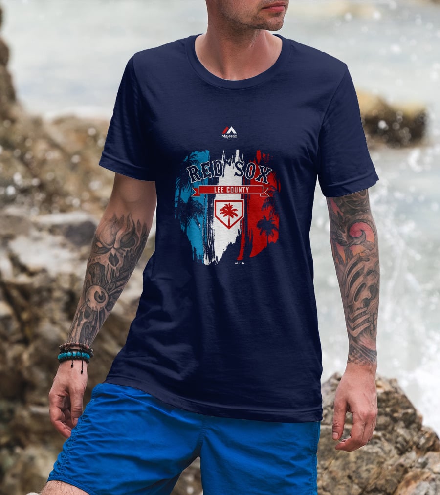 Majestic Red Sox Lee County Mookie Betts Palm Tree Blue Red White T-Shirt
