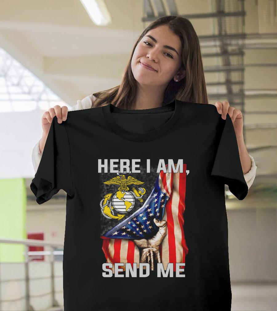 Here I Am Send Me US Marine Corps Eagle Globe Anchor American Flag T-Shirt