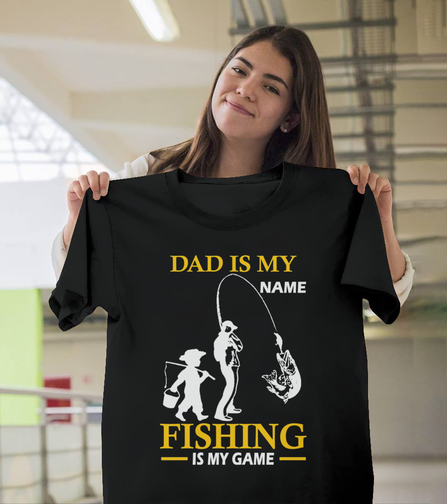 Dad Is My Name Fishing Is My Game White Silhouette Fisherman and Child with Catch T-Shirt