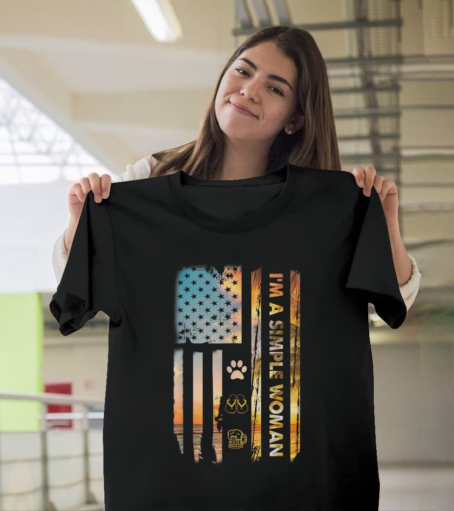 I'm A Simple Woman Loves Fishing Dog Shoes Wine American Flag Sunset Beach Paw Flip Flops Beer T-Shirt