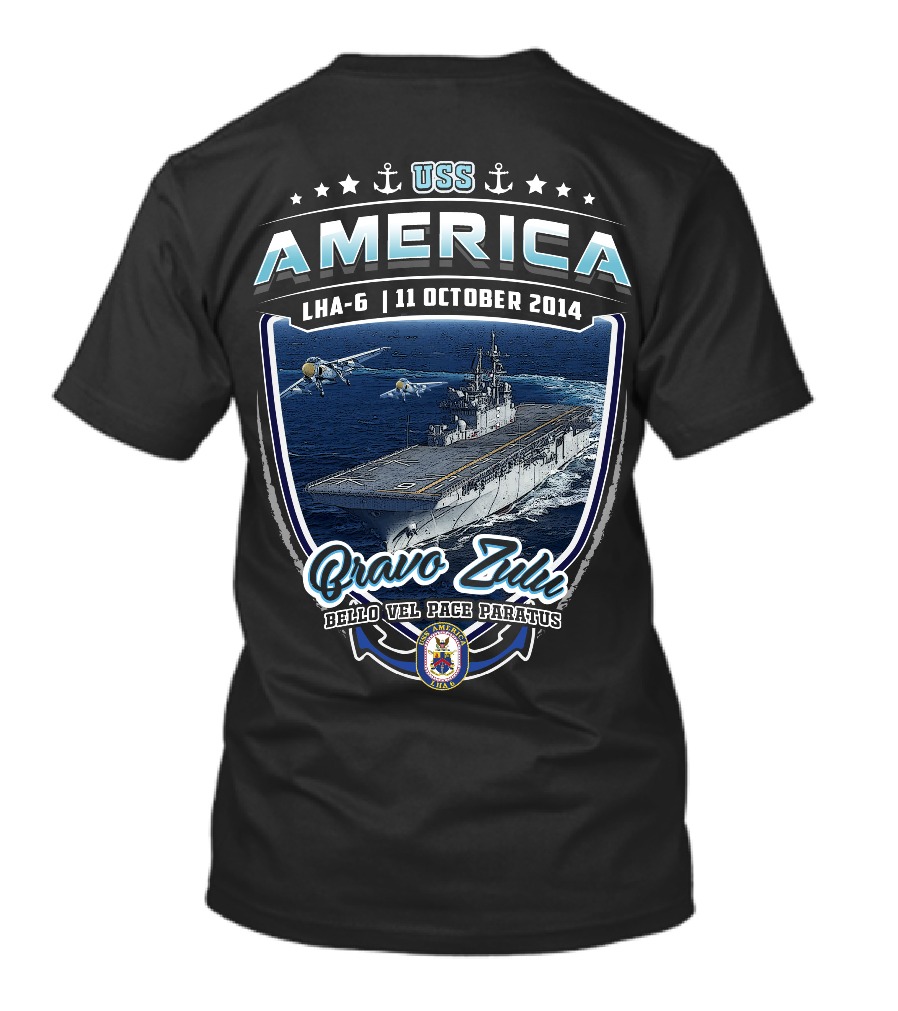 Uss America Lha-6 11 October 2014 Bravo Zulu Bello Vel Pace Paratus T-Shirt