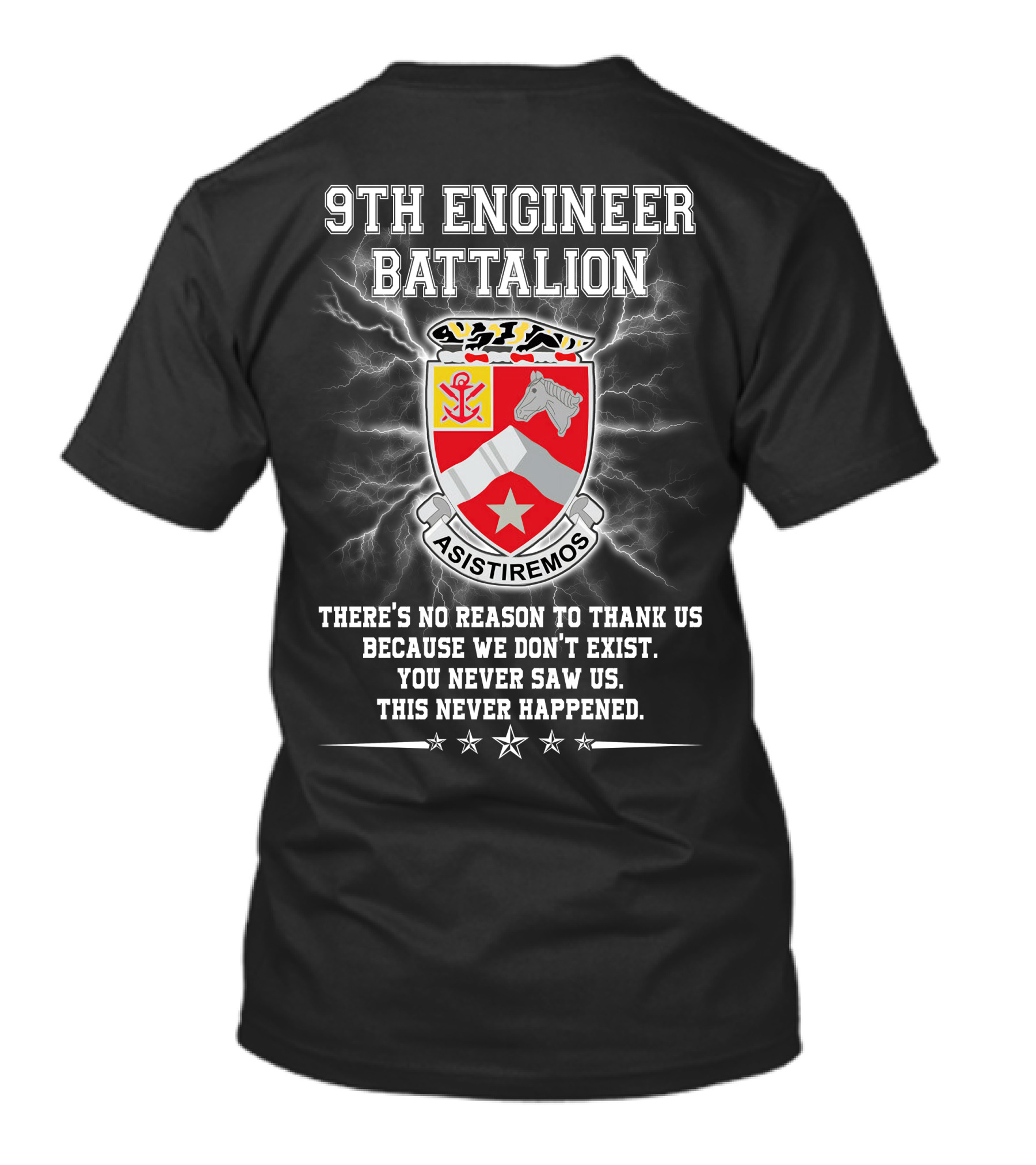 9Th Engineer Battalion Asistiremos Coat Of Arms Electric Background Never Happened T-Shirt