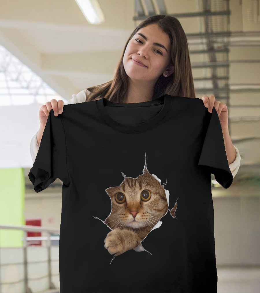 Sweet Kitten Torn Cloth Funny Cat Lover Cat Owner Cat Lady Peeking Cat Through Rip T-Shirt