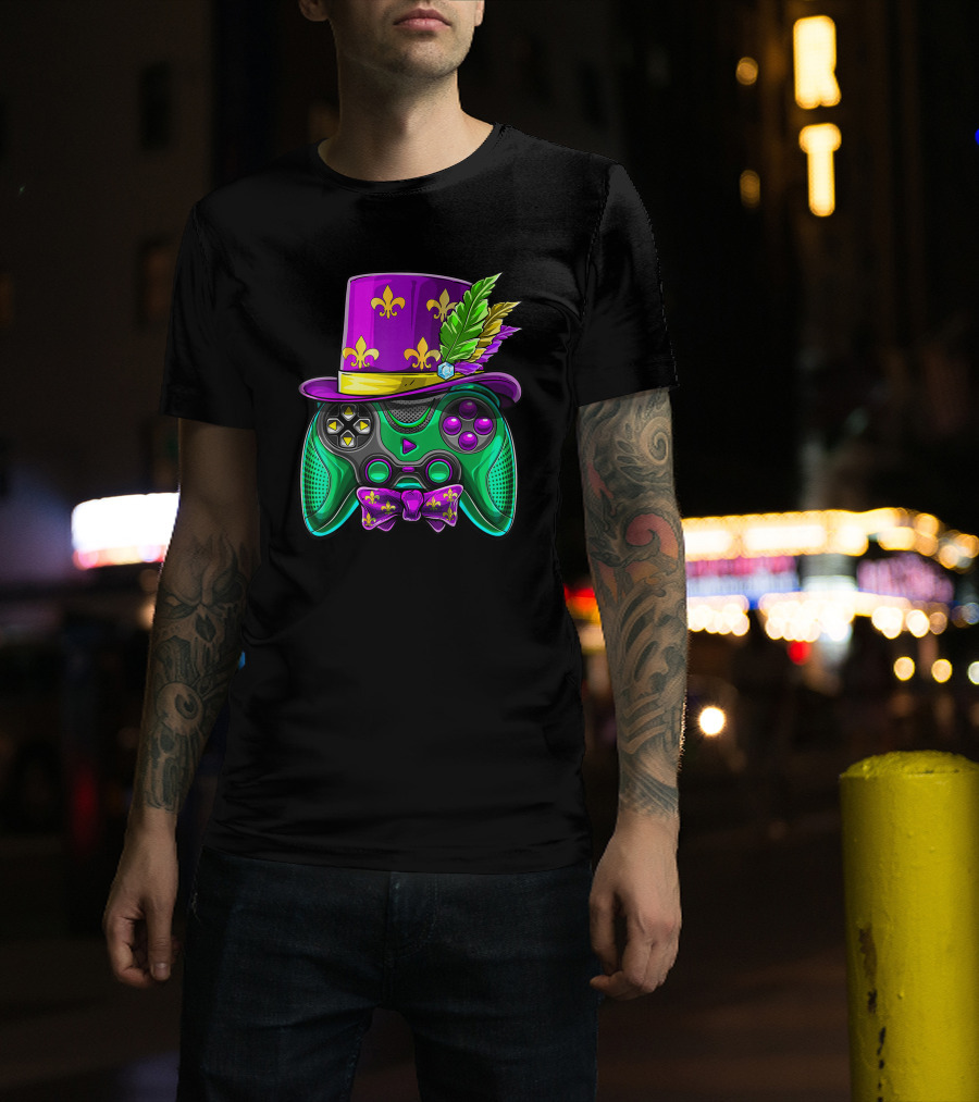 Mardi Gras Fleur-de-Lis Video Game Controller Jester Hat Bow Tie T-Shirt