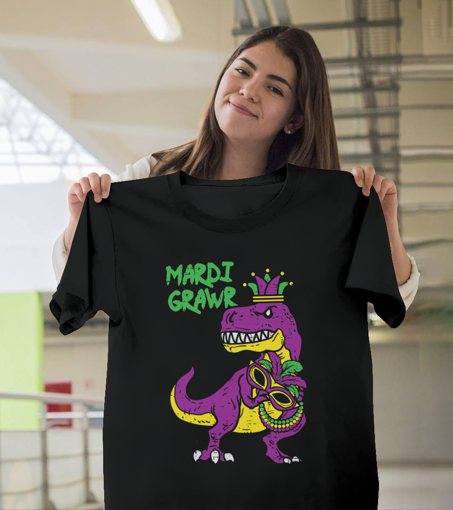 Mardi Grawr Jester Trex Dinosaur with Mask and Beads T-Shirt