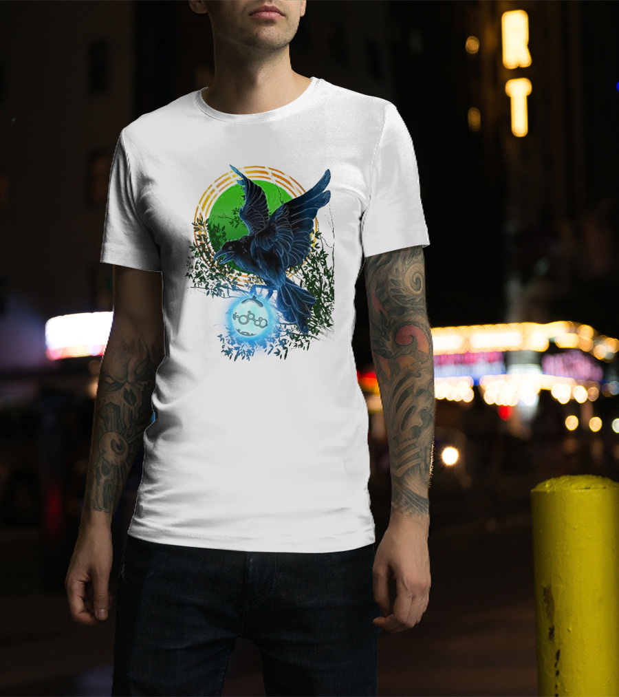 Pointcrow Raven Orb Enigma With Rings And Foliage T-Shirt