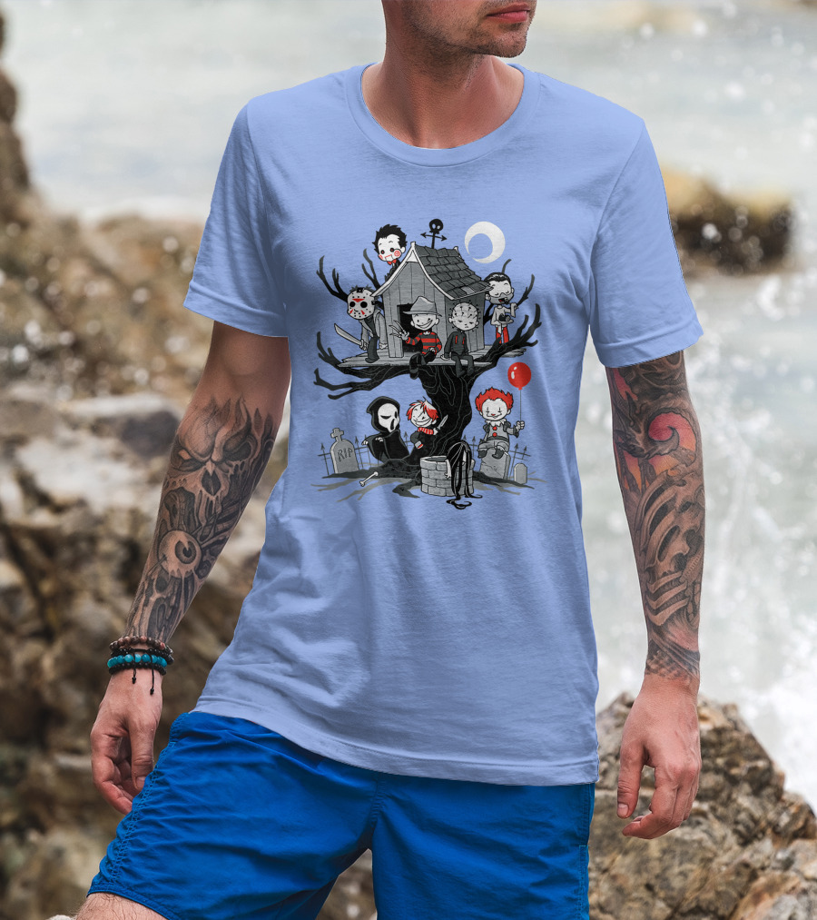 Horror Icons Treehouse Adventure With Scream Mask T-Shirt