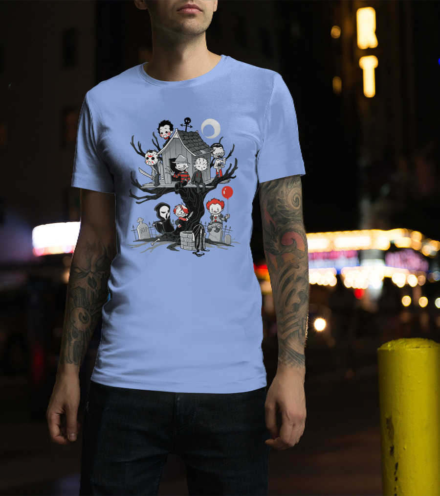 Horror Icons Treehouse Adventure With Scream Mask T-Shirt