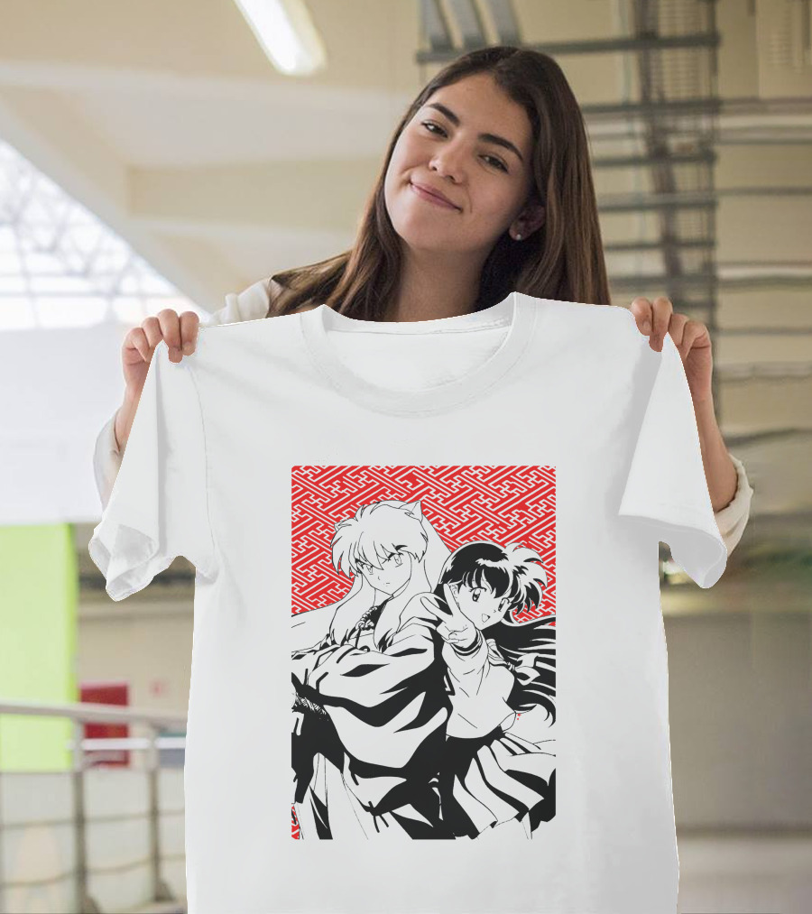 Inuyasha Kagome Classic Anime Style Red Pattern Background T-Shirt