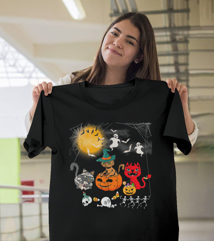 Halloween Funny Cat Lover With Witch Cat And Devil Cat T-Shirt